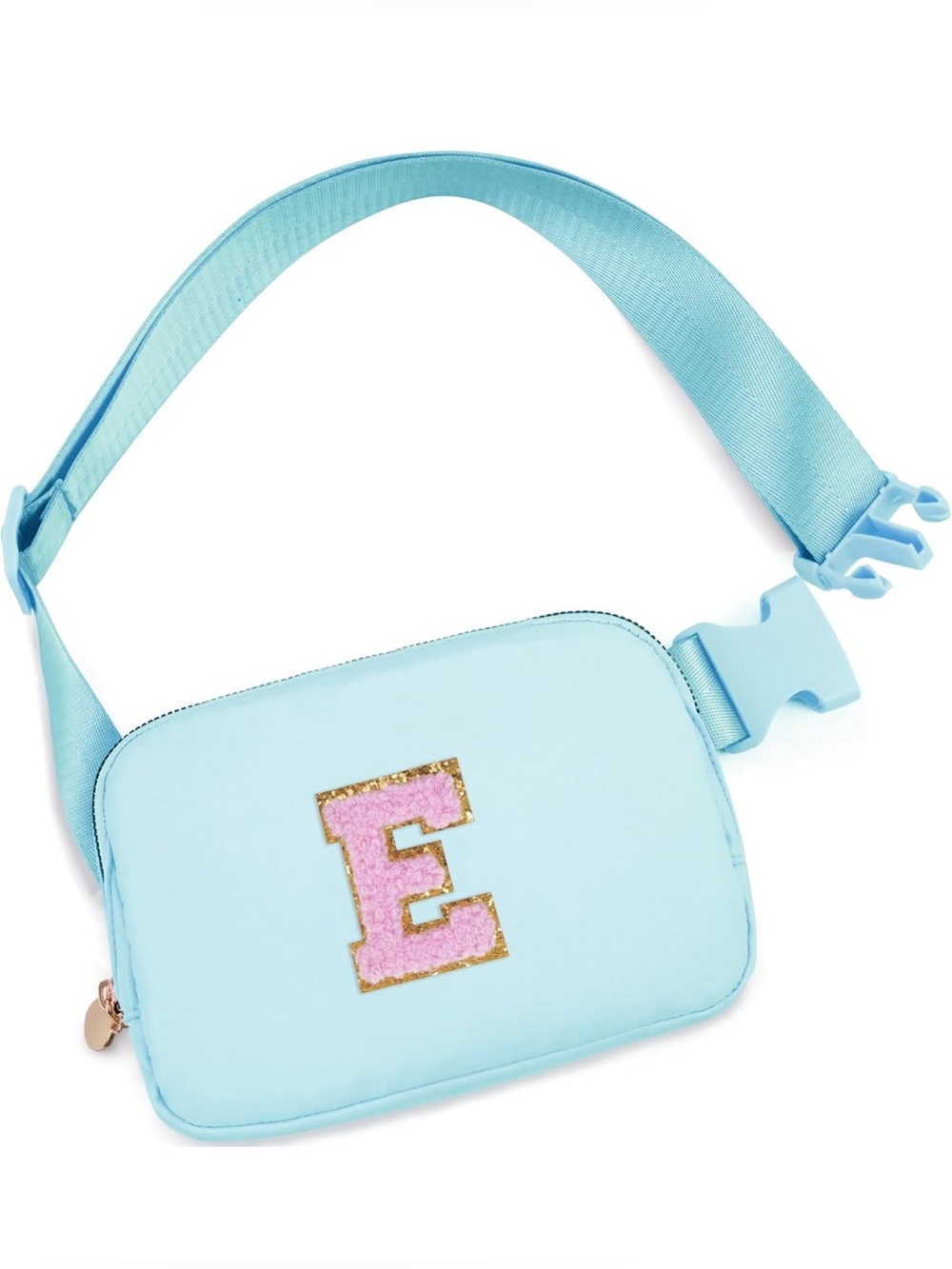Personalized Light Blue Adult/Kids Waist Bag with Pink 'E' Patch